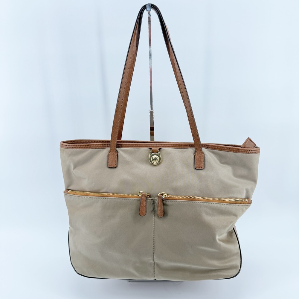 Michael Kors Dusk Kempton Medium Tote Bag‎ Khaki Nylon Leather Trim Gold Logo - Picture 3 of 16